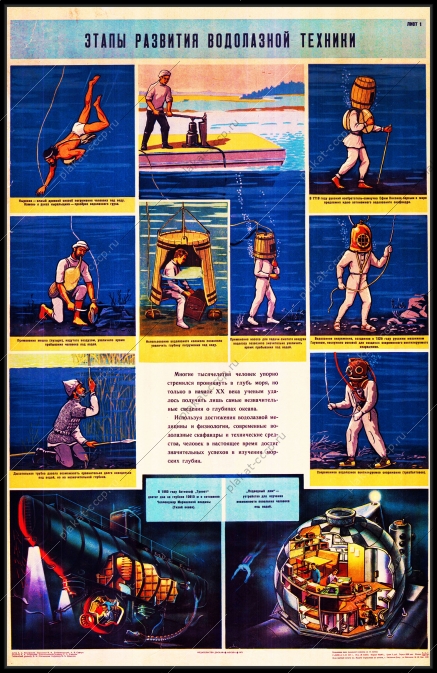 Оригинальный советский плакат развитие водолазной техники водолаз