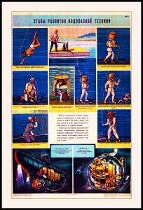 Оригинальный советский плакат развитие водолазной техники водолаз