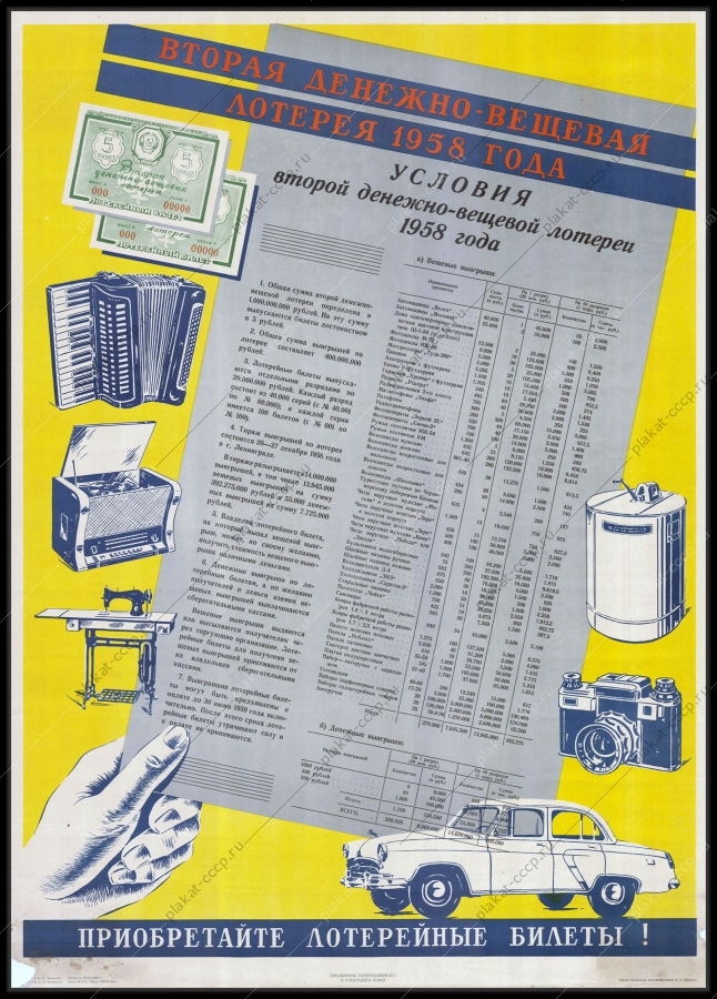 Плакат СССР финансы рекламный Денежно-вещевая лотерея 1958 года