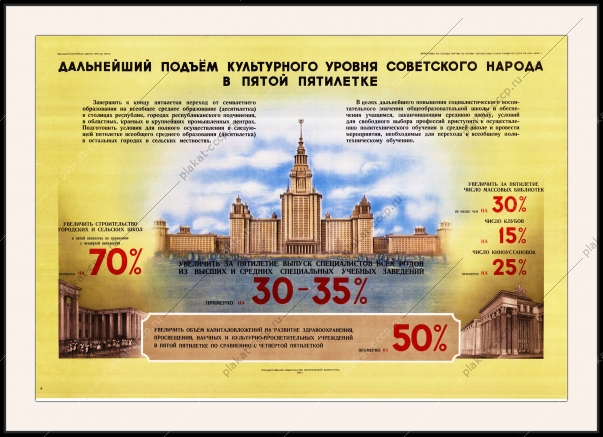 Оригинальный советский плакат дальнейший подъем культурного уровня советского народа в пятой пятилетке