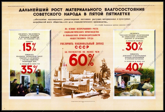 Оригинальный советский плакат дальнейший рост благосостояния советского народа в пятой пятилетке