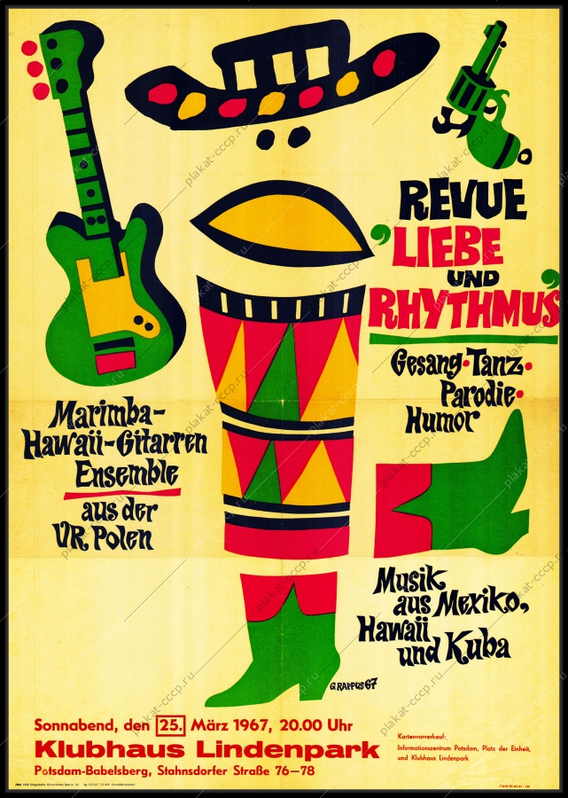 Оригинальный плакат афиша ревю Любовь и ритм Ансамбль маримбы и гавайские гитары Потсдам Германия 1967