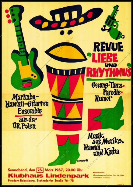 Оригинальный плакат афиша ревю Любовь и ритм Ансамбль маримбы и гавайские гитары Потсдам Германия 1967