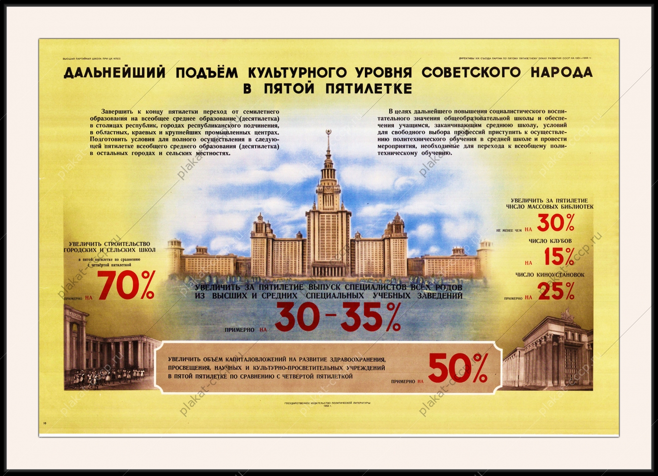 Оригинальный советский плакат дальнейший подъем культурного уровня советского народа в пятой пятилетке