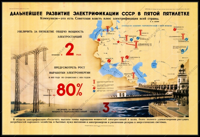 Оригинальный советский плакат развитие электрификации в пятой пятилетке энергетика увеличение мощности электростанций